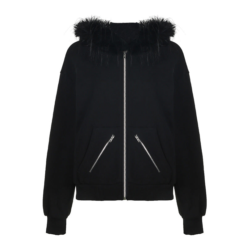 Women's Fur Collar Hooded Loose-fitting Casual Pullover Sweaters