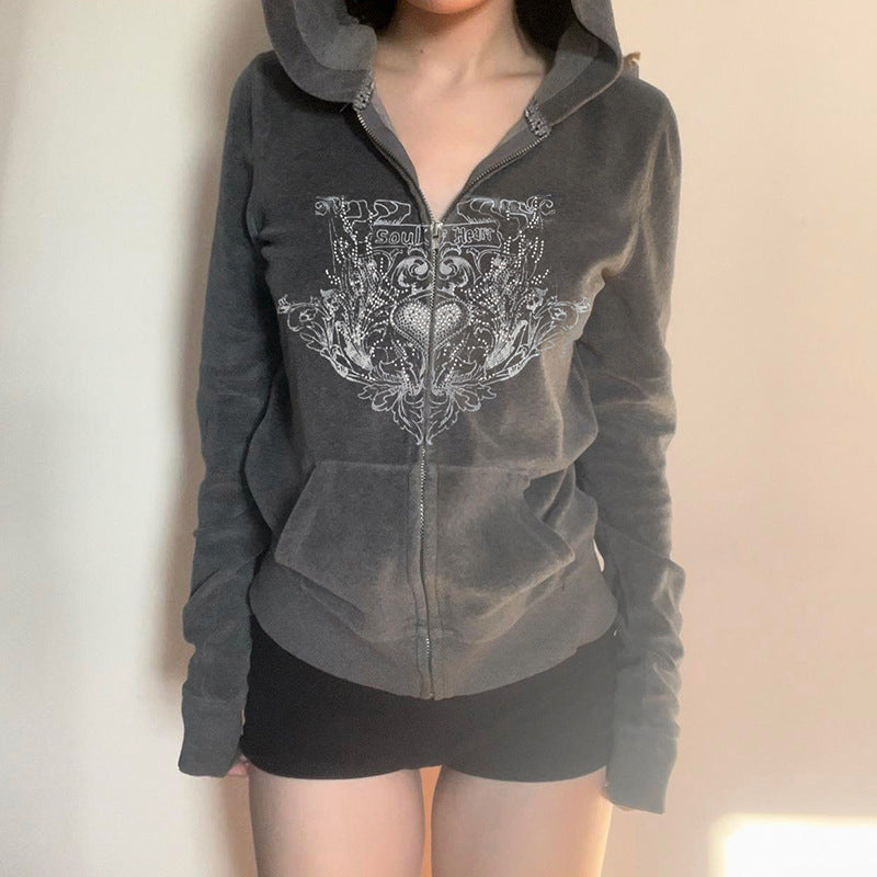 Women's Early Autumn Retro Printed Hoodie Personality Street Gray With Sweaters
