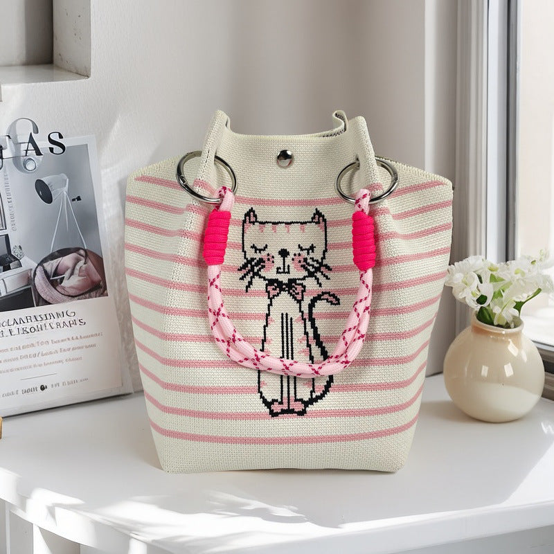 Design Black White Rhombus Knitted Versatile Large Women's Handbag