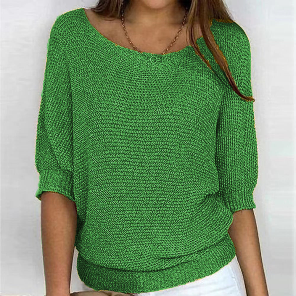 Women's Spring Solid Color Round Neck Commuter Elegant Cropped Sleeves Knitwear