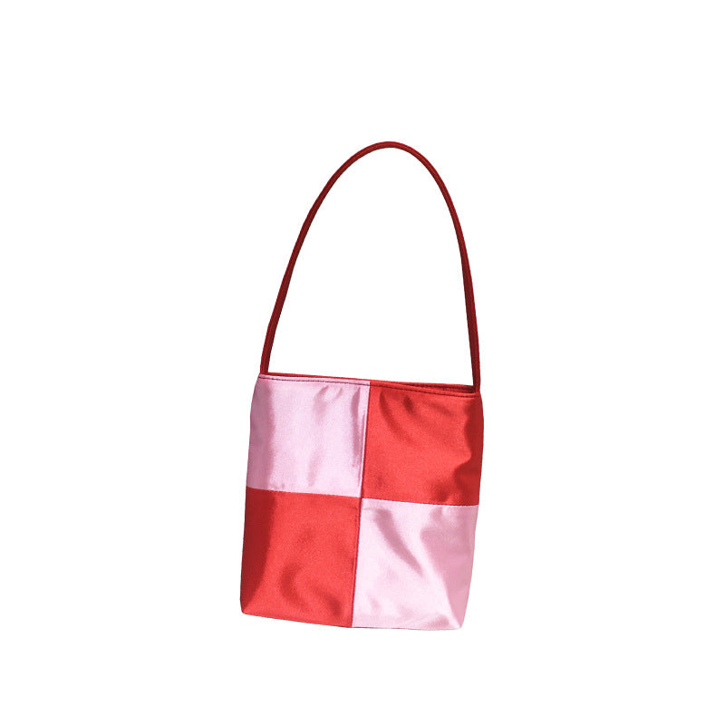 Women's Satin Color Matching Chessboard Plaid Underarm Armpit Bags