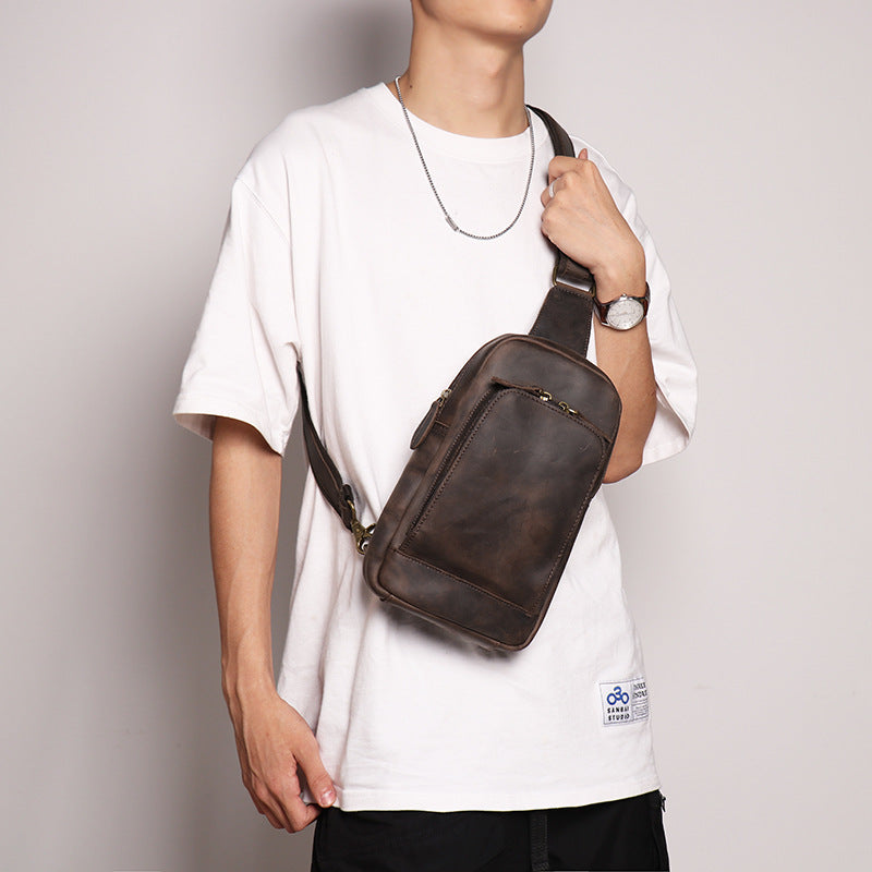 Women's & Men's Vintage Genuine Leather Close-fitting Crazy Horse Men's Chest Bags