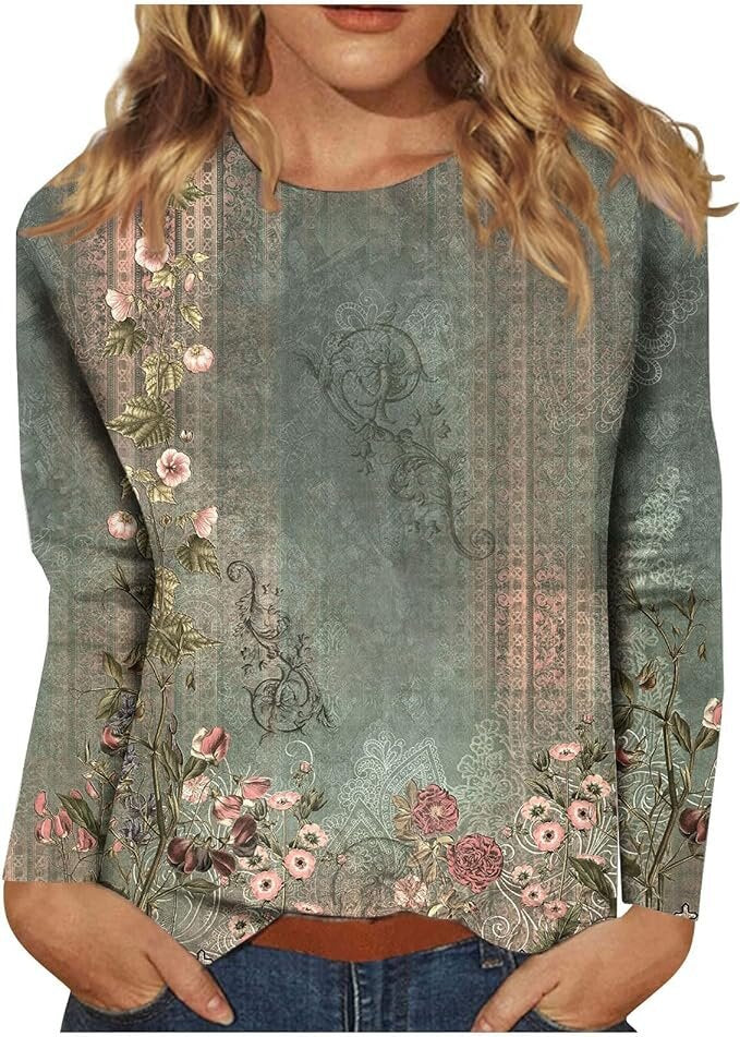 Women's Round Neck Long Sleeve Loose Print Blouses