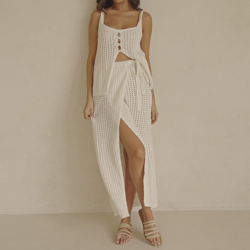 Sleeveless Split Design Sense Strap Dress Suits