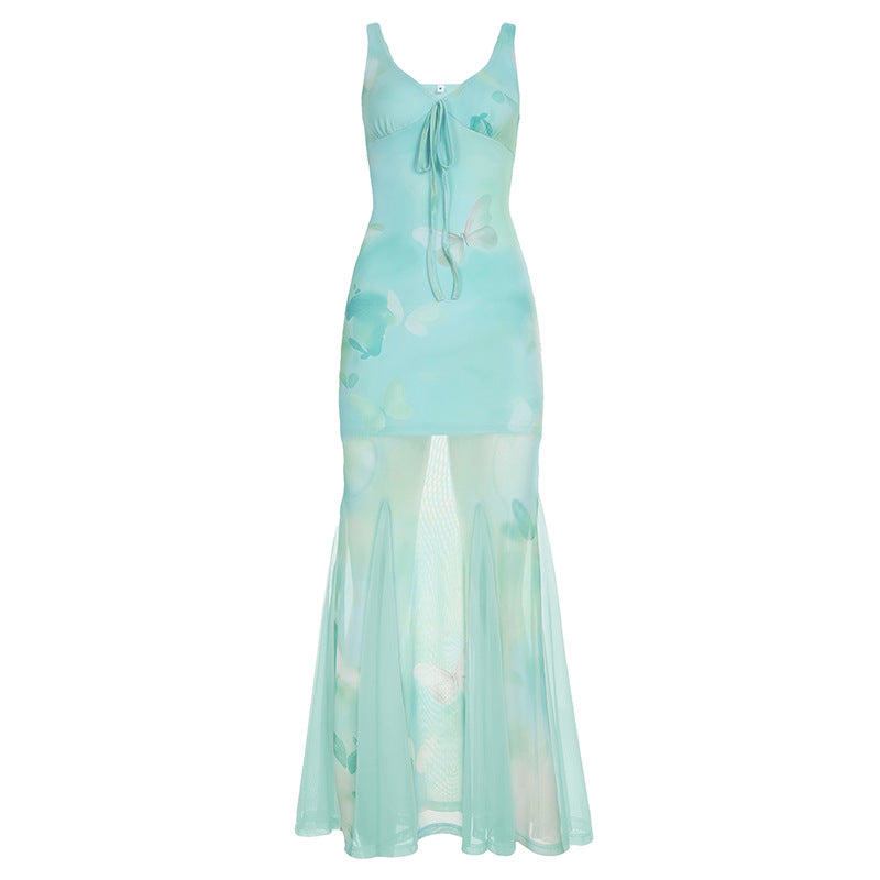 Chinese Style Light Green Butterfly Printed Fishtail Suspender Dresses
