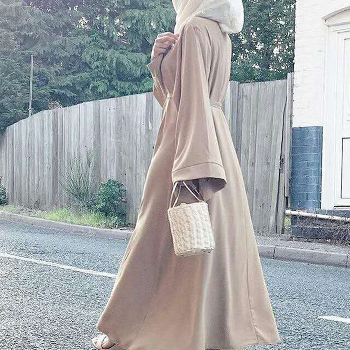 Solid Color Lace Up Muslim Dress Clothing