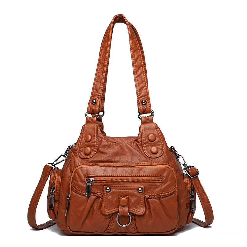 Women's Mom Large Capacity Stitching Washed Leather Shoulder Bags