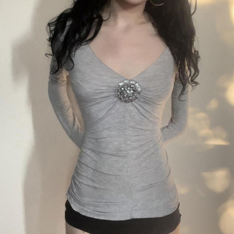 Design Sense Pleating Chest Deep Slimming Long-sleeved T-shirt Tops