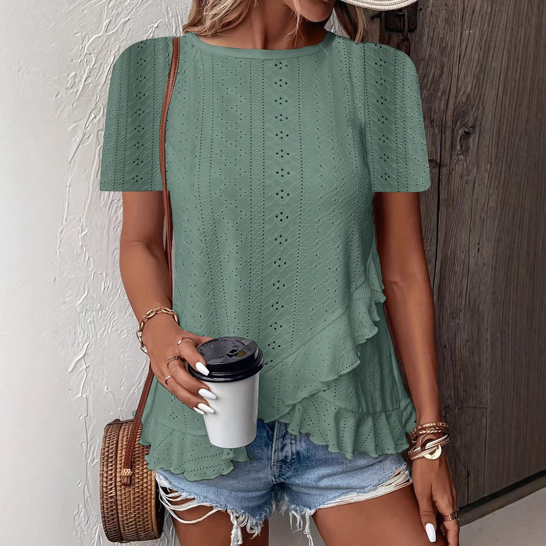 Women's Fashion Casual Solid Color Sleeve Round Blouses