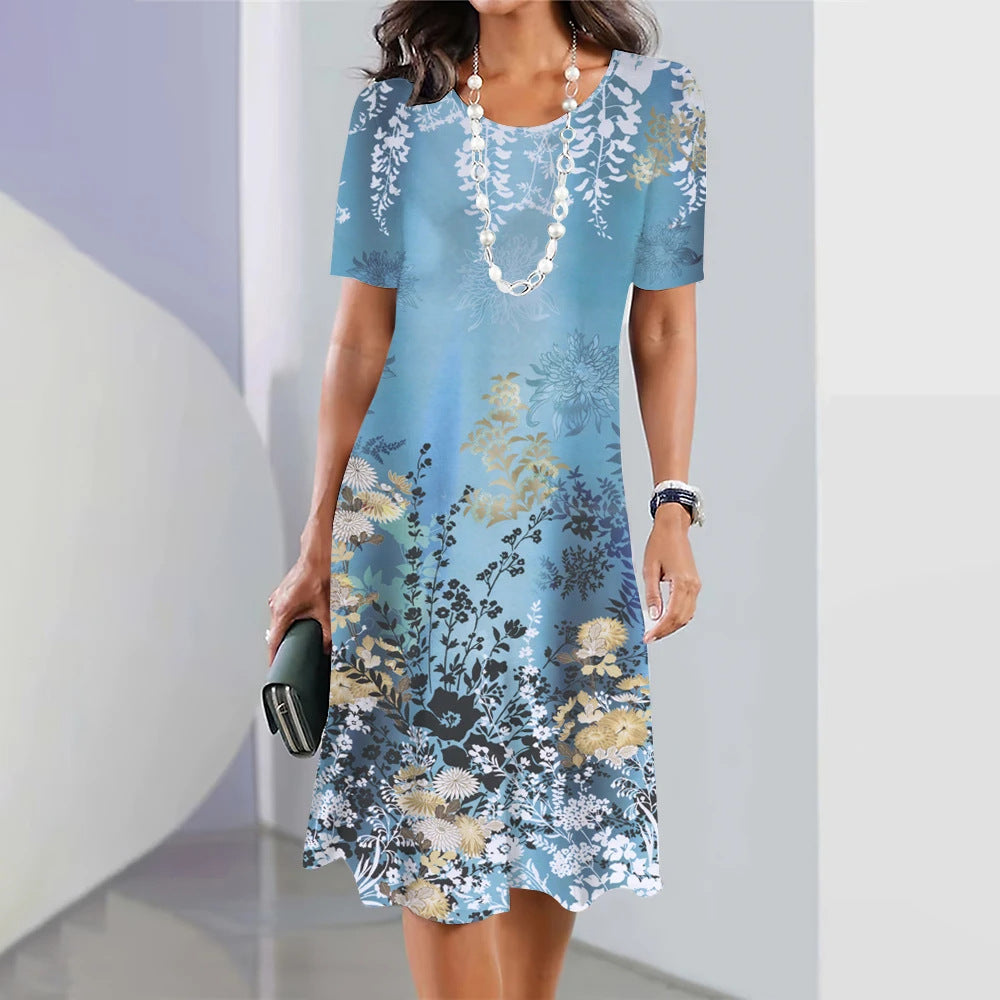 Digital Printing Fashion Casual Loose Ladies Round Dresses