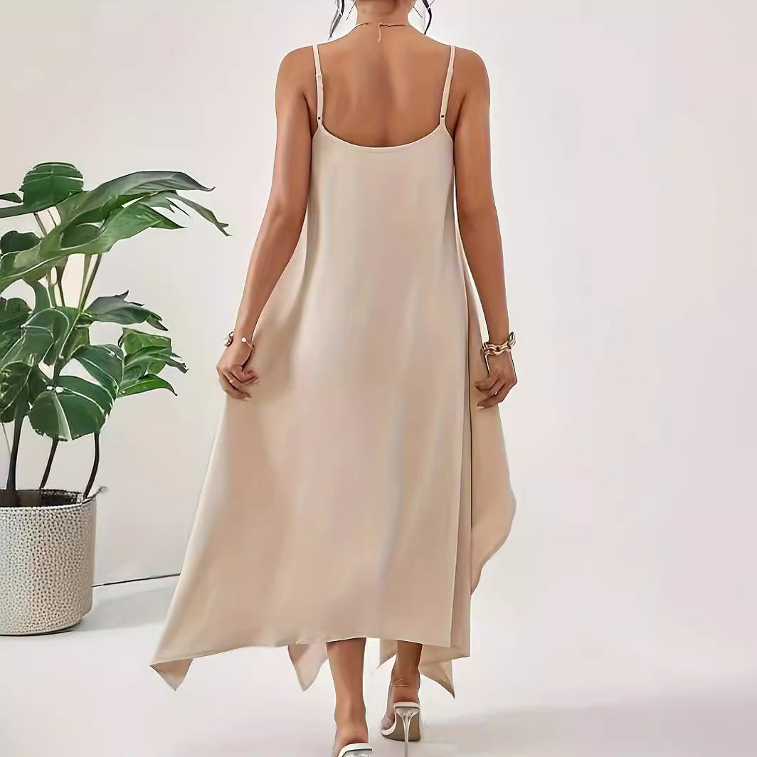 Women's Fashion Solid Color Strap Backless Irregular Sleeveless Dresses