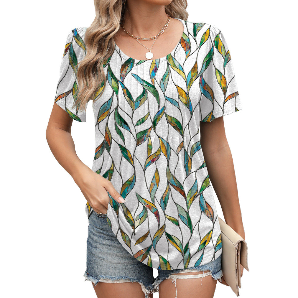 Women's Round Neck Stripes Loose Sleeve Printed Blouses