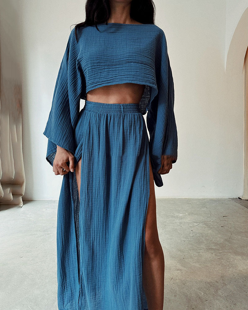 Vacation Linen Blend High Waist Chic Slit Suits