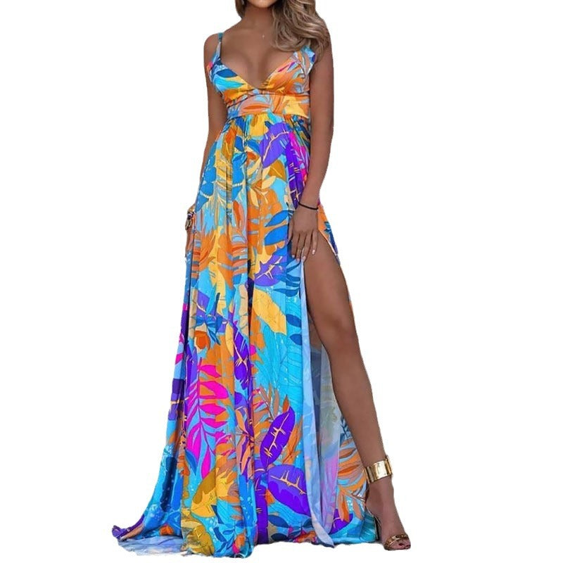 Women's Spring Leaves Four-sided Stretch Dress Bohemian Strap Dresses