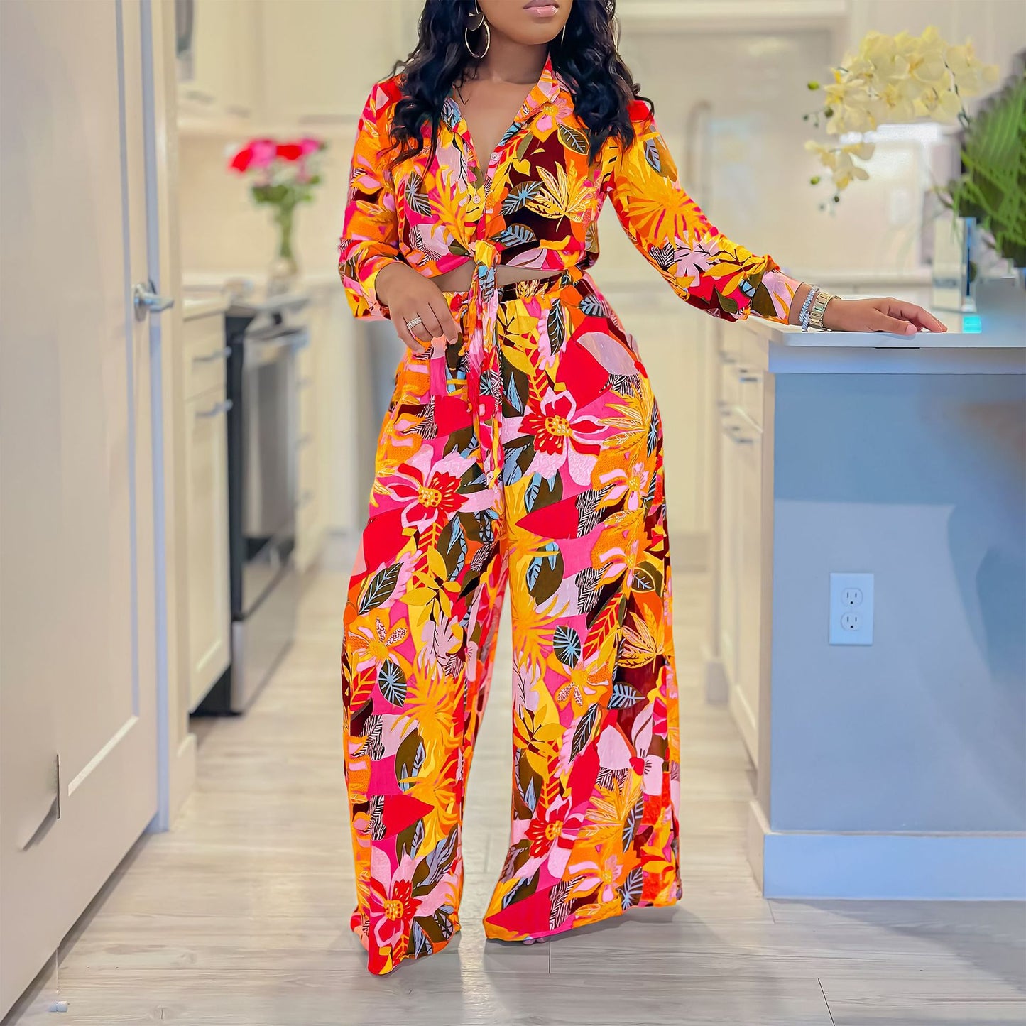 Women's Fashion Printed Two-piece Lapel Bandage Shirt Suits