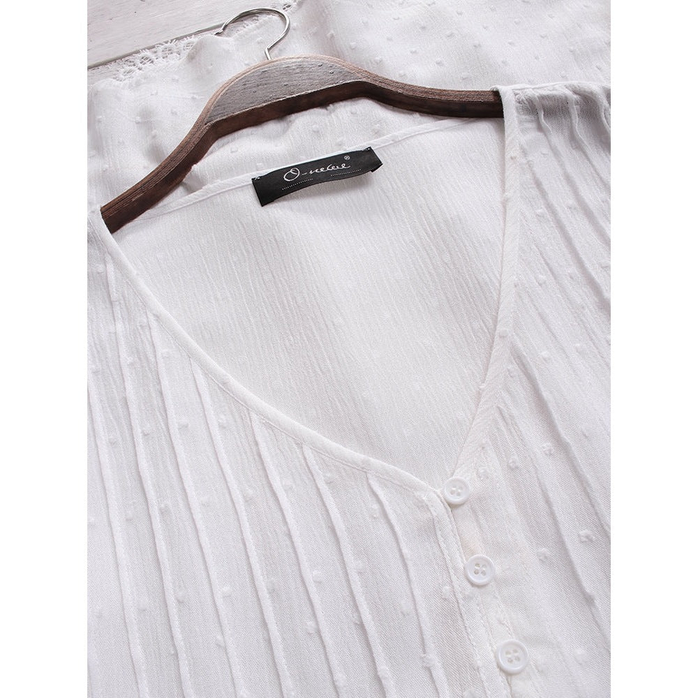 Women's Summer Jacquard Pleated Lace Hollow Out Blouses