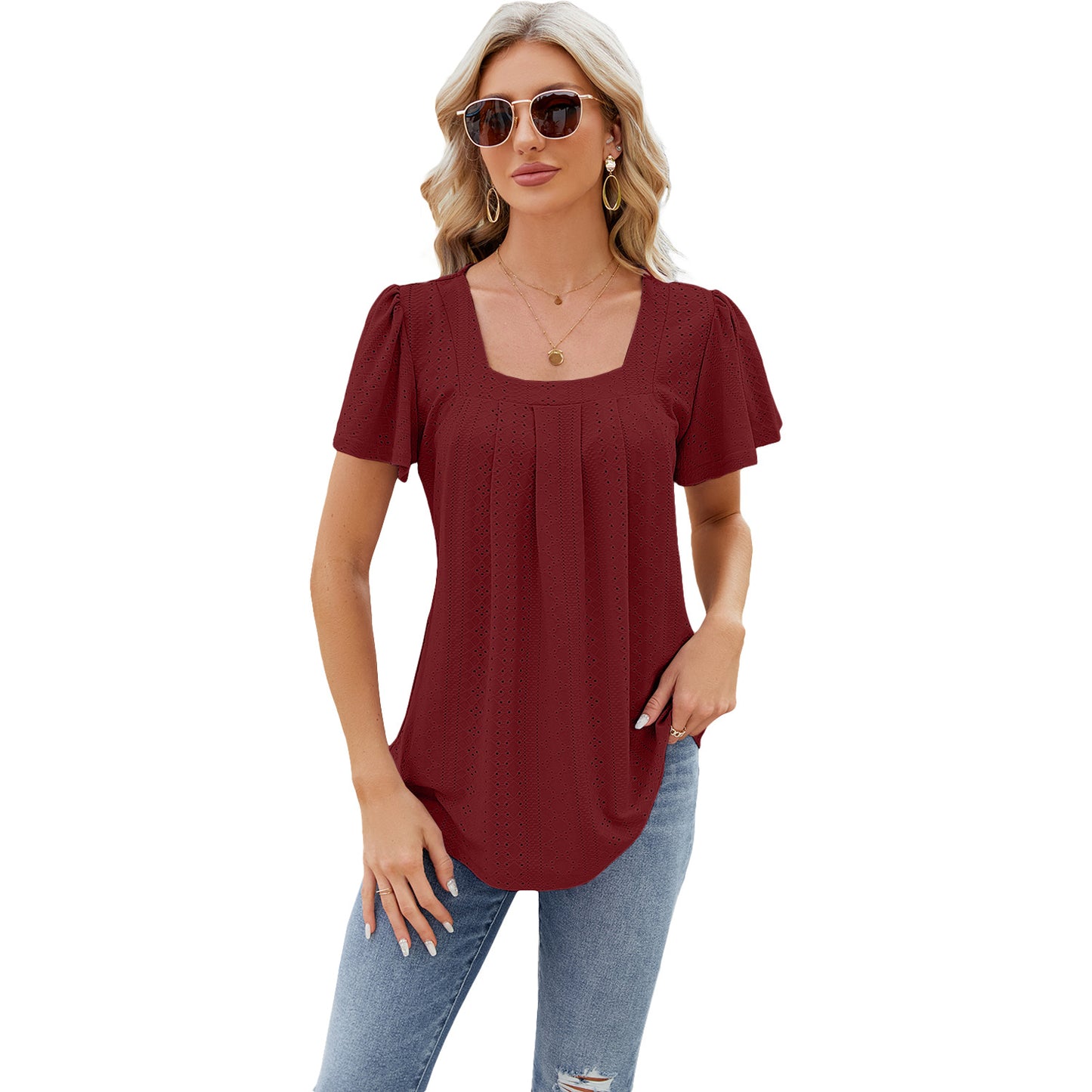 Women's Pleated Square Collar Jacquard Short-sleeved Dovetail Blouses