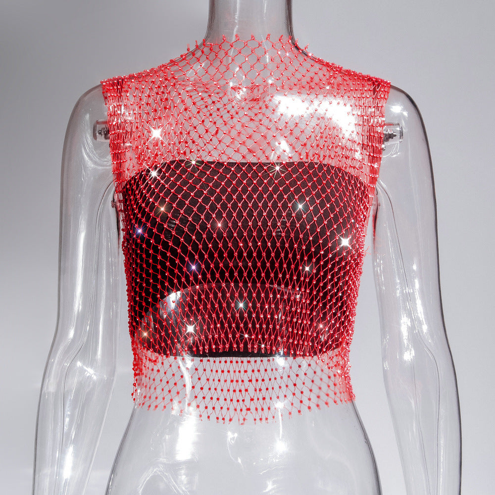 Women's Charming Summer Rhinestone Mesh T-shirt Tops