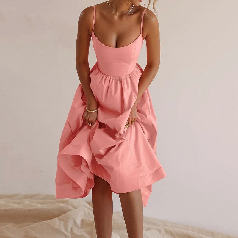 Women's Color Sexy Collar Fitted Waist Pleated Dresses