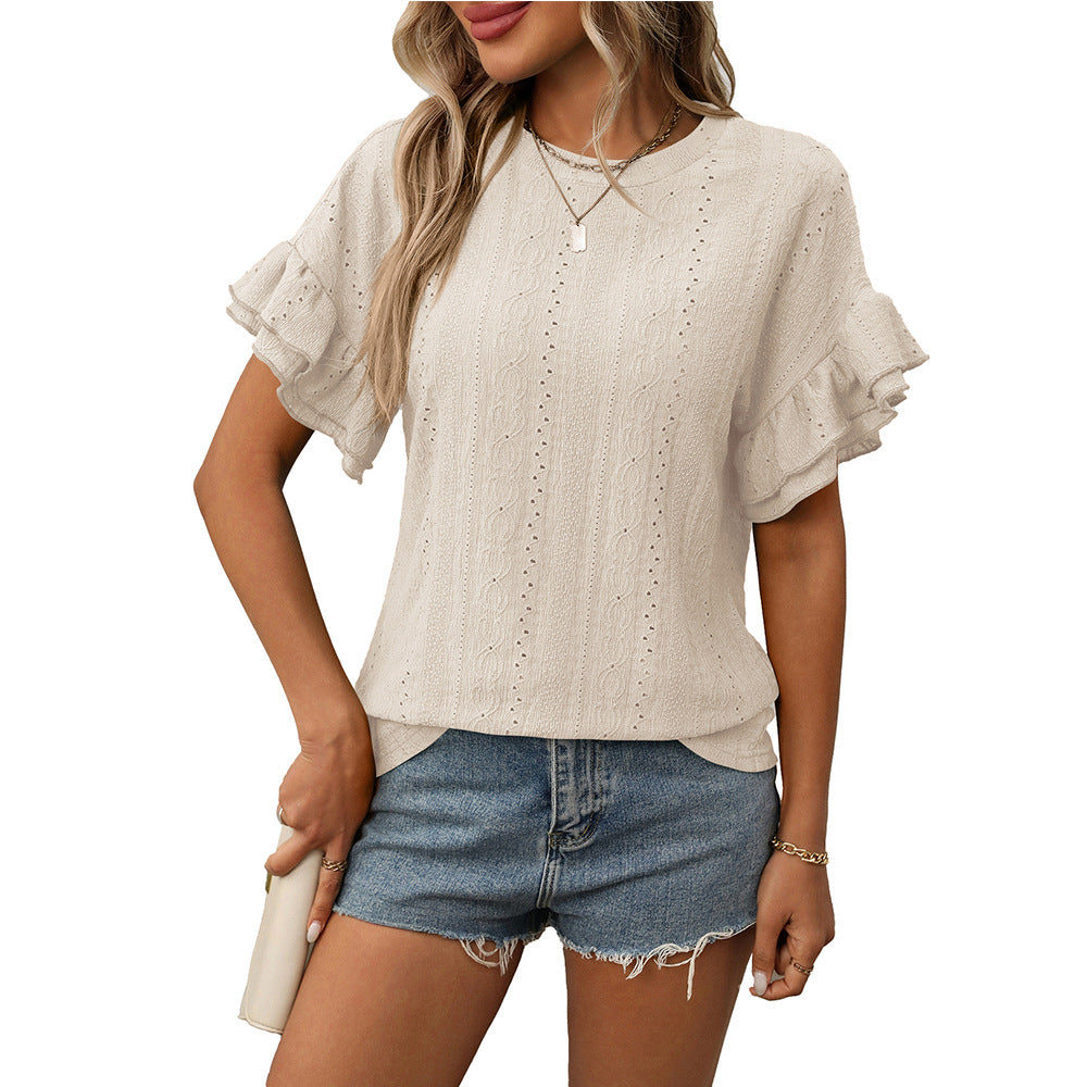 Women's Summer Solid Color Round Neck Ruffle Blouses