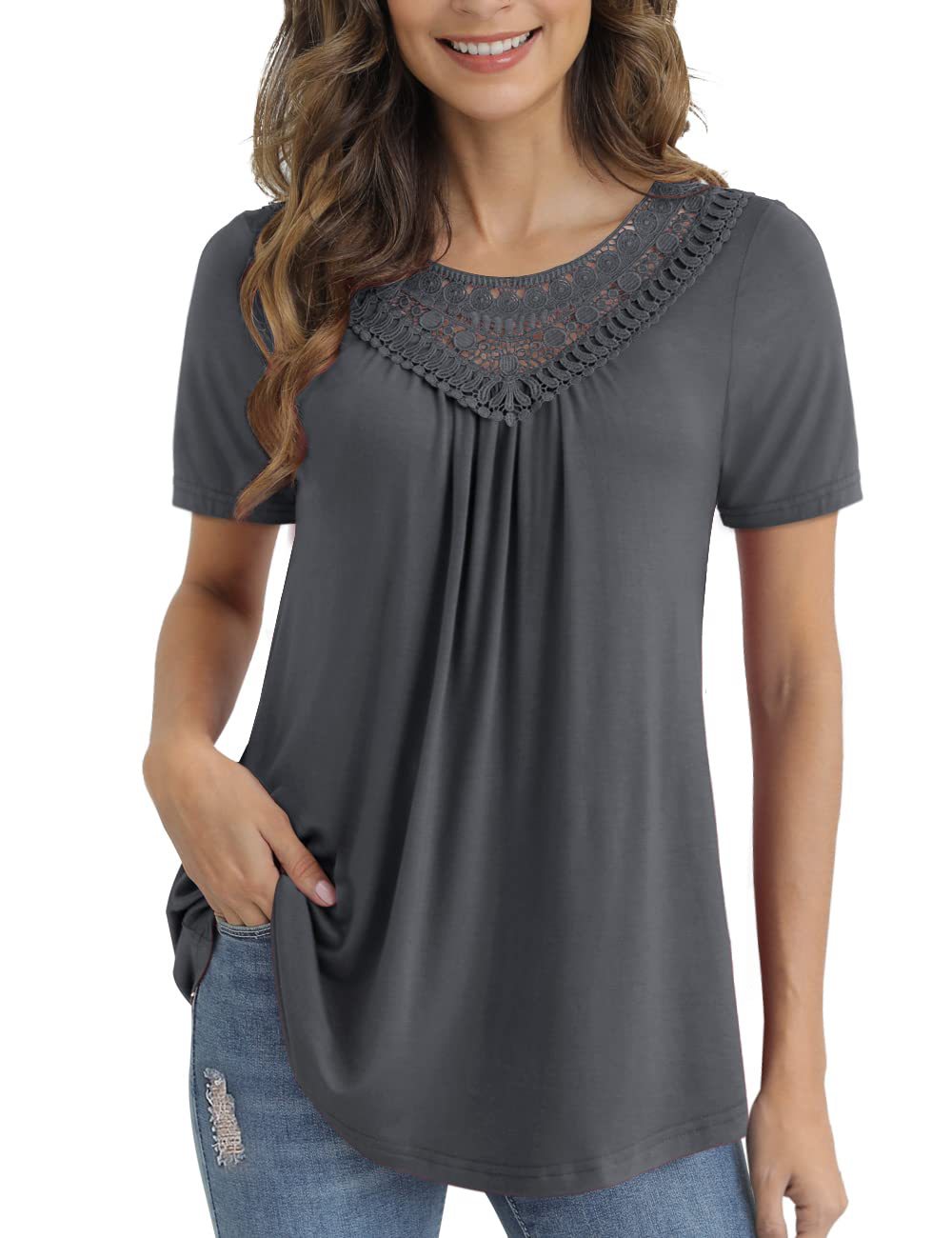 Women's Summer Sleeve Lace Pleated Shirt Waist Blouses