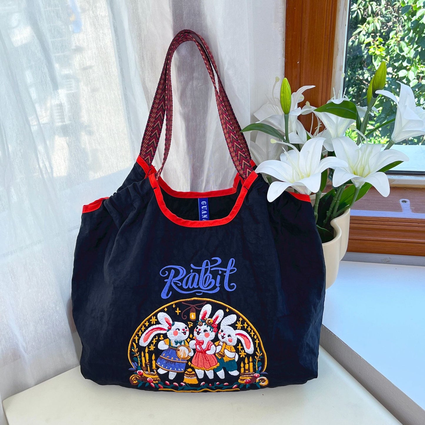 Women's Style Embroidery Shopping Fashion Nylon Waterproof Shoulder Bags
