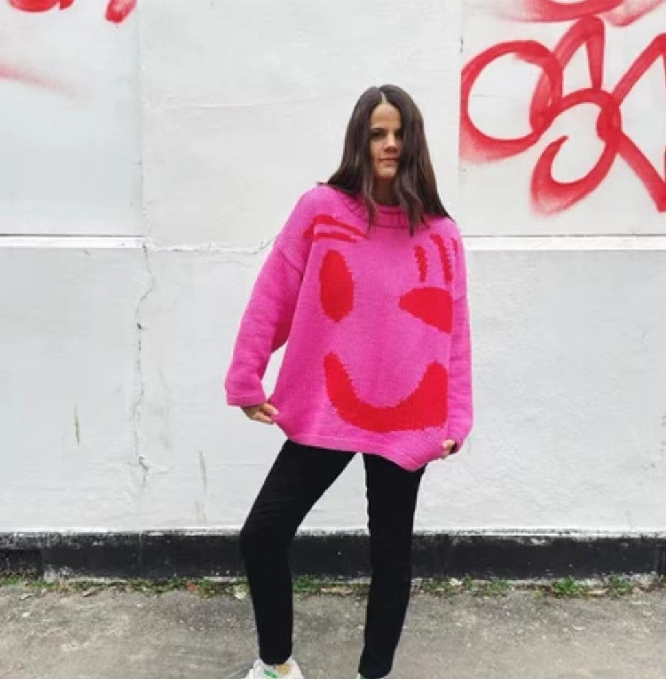 Color Knitted Round Neck Pullover Loose Sweaters