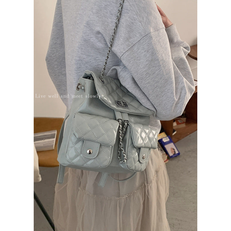 Women's Korean Version Of Style Chain Diamond Plaid Backpacks