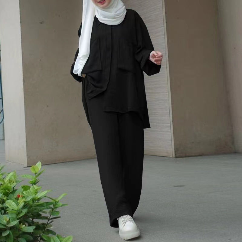 Muslim Long Sleeve Patch Pocket Hidden Placket Clothing