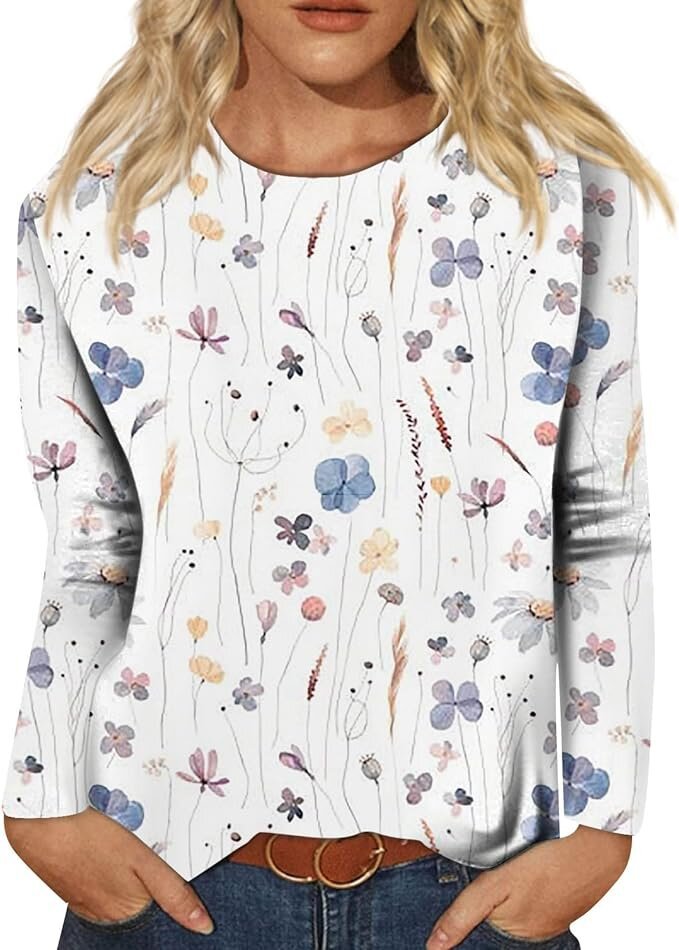 Women's Round Neck Long Sleeve Loose Print Blouses