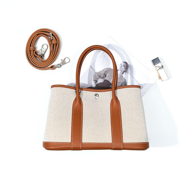 Women's Layer Cowhide Large Capacity Canvas Contrast Color Handbags