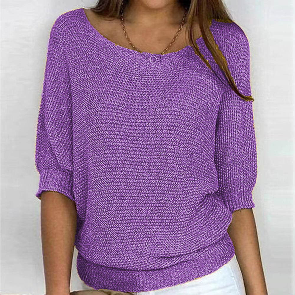 Women's Spring Solid Color Round Neck Commuter Elegant Cropped Sleeves Knitwear