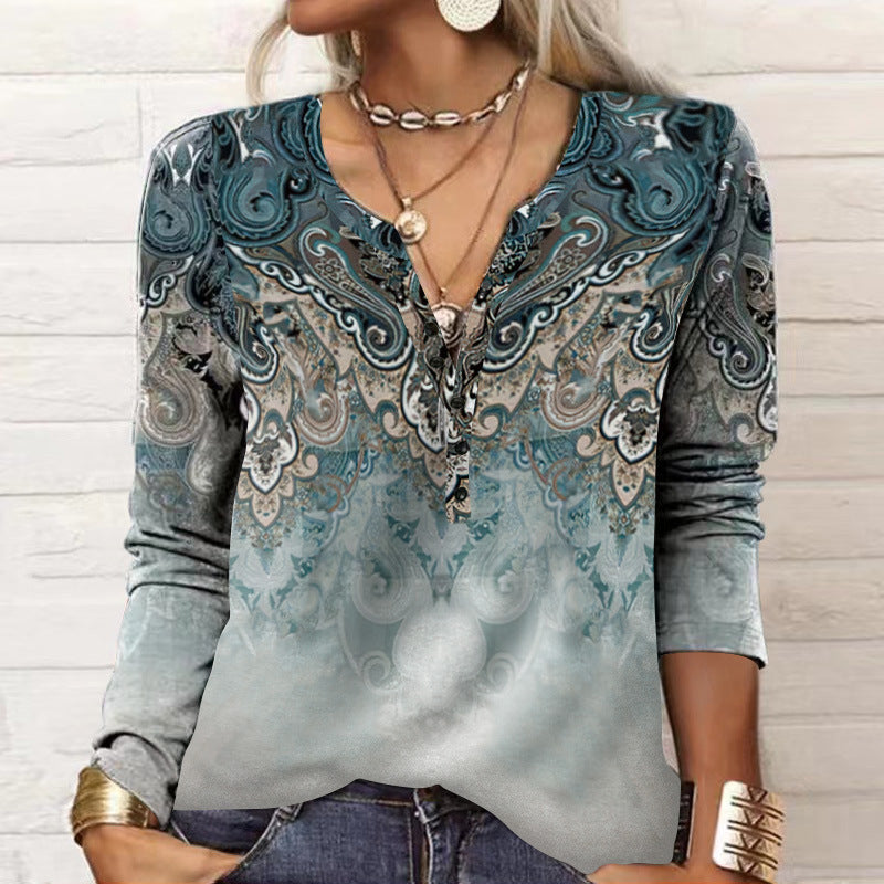Women's Long-sleeved Printed Ethnic Fashion T-shirt Blouses