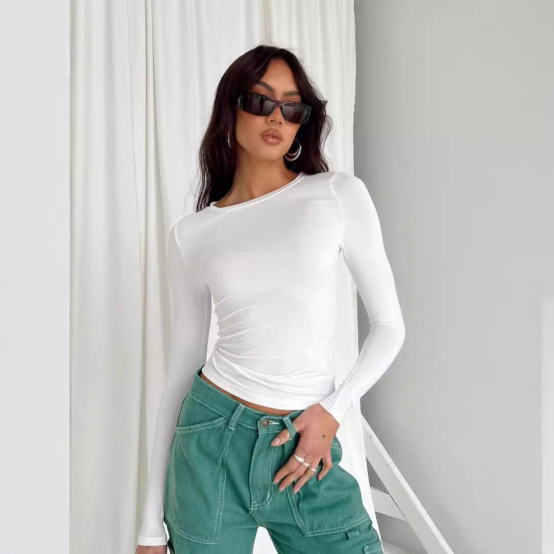 Women's Irregular Slim Fit Bottoming T-shirt Round Neck Blouses