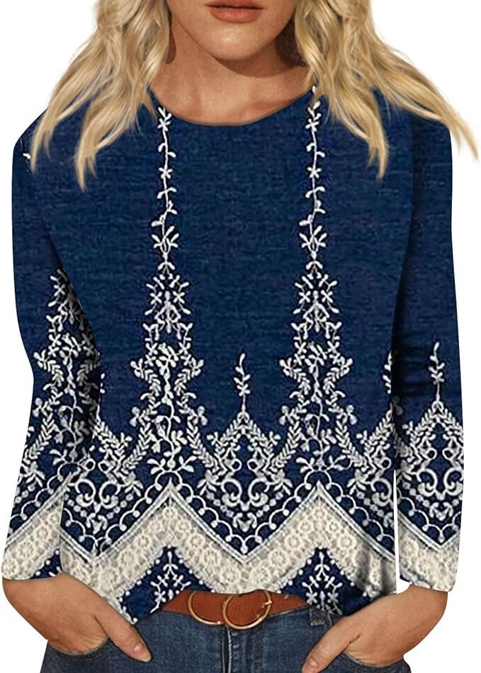 Women's Round Neck Long Sleeve Loose Print Blouses
