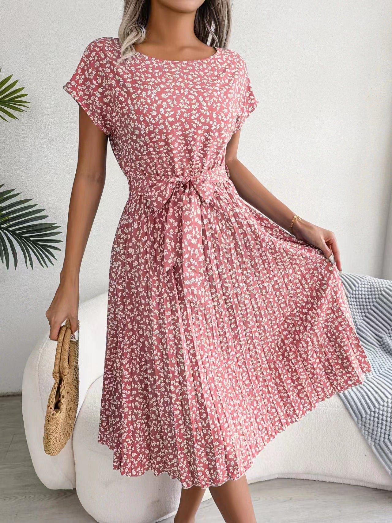 Slouchy Casual Sleeve Floral Print Pleated Dresses
