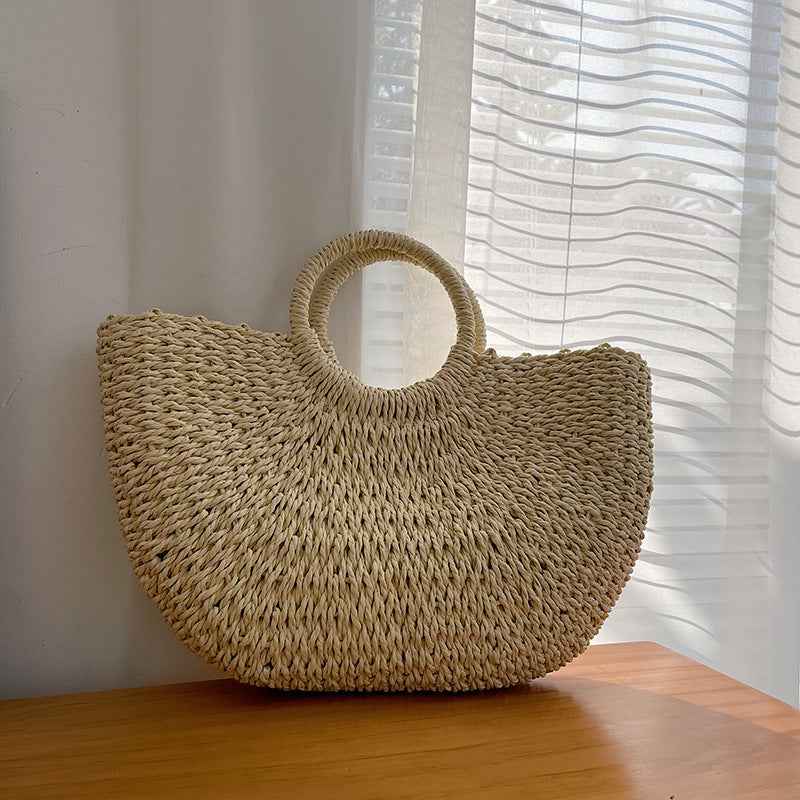 Women's Summer Retro Simple Straw Half Moon Mori Fashion Rattan Crescent Handbags