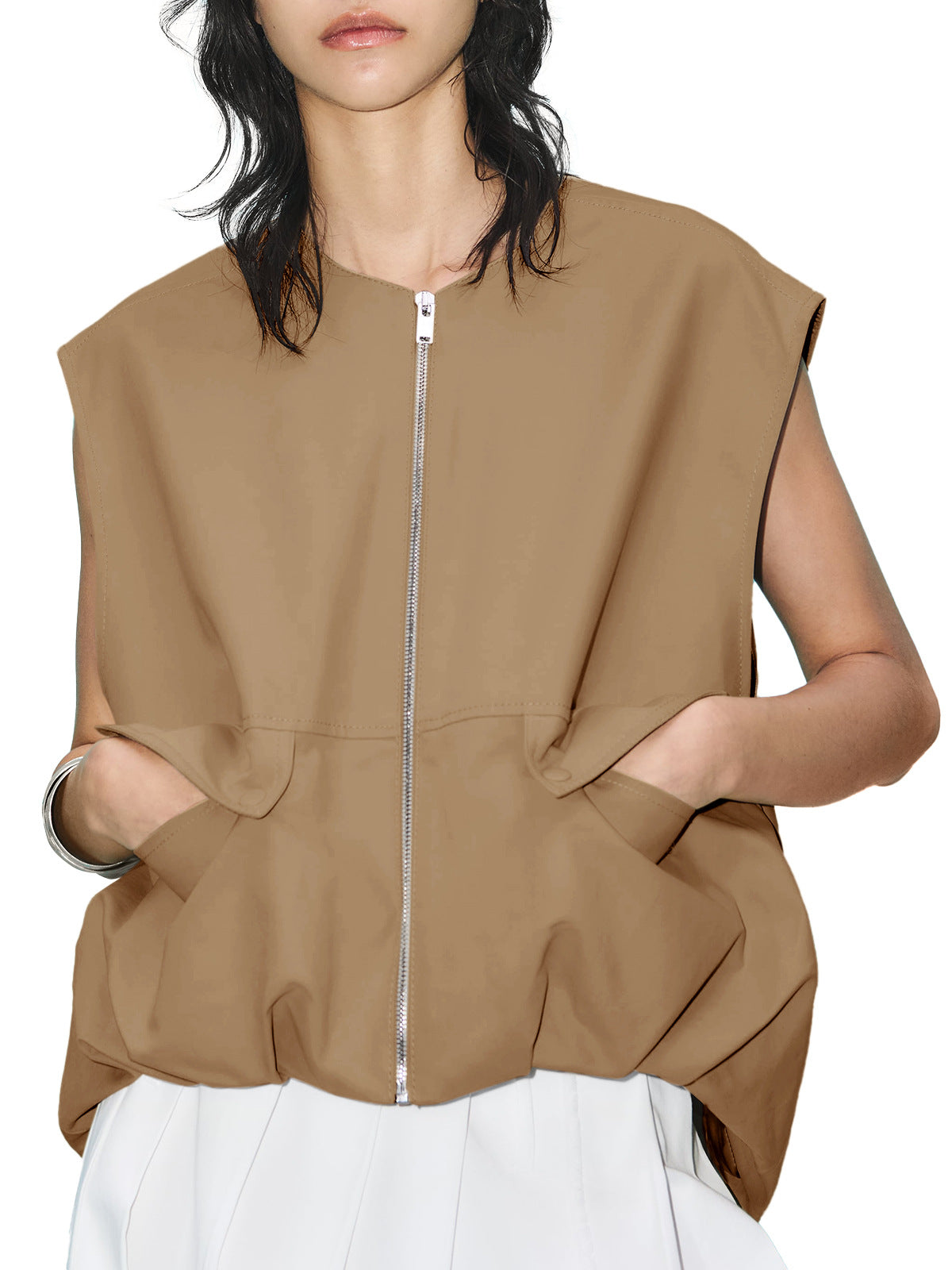 Women's Sleeveless Pocket Loose-fitting Waistcoat Solid Color Cardigans