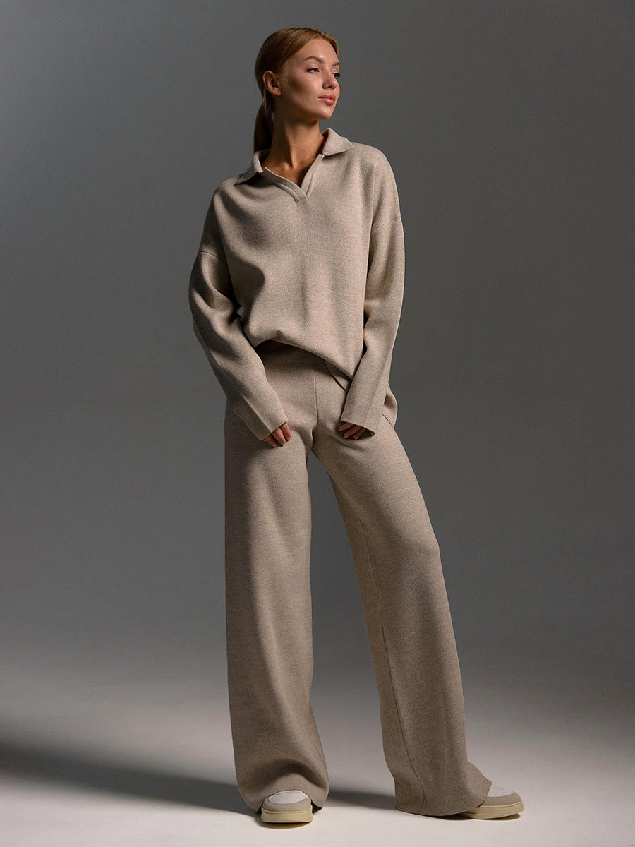 Solid Color Polo Collar Knitted Straight Wide Leg Sweaters