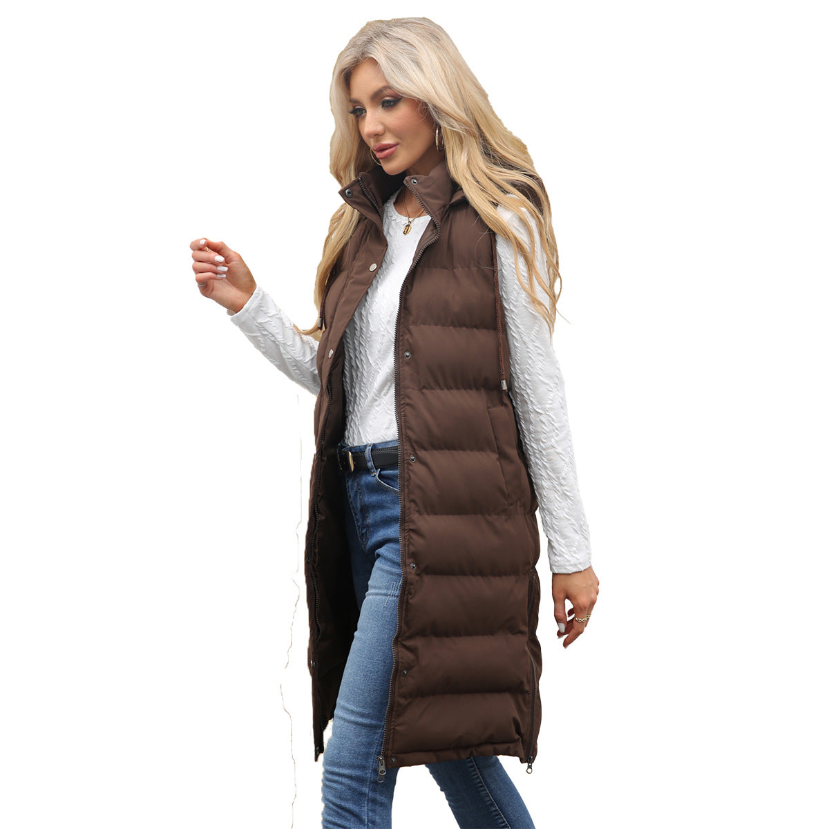 Women's Hooded Sleeveless Long Solid Color Zipper Vests