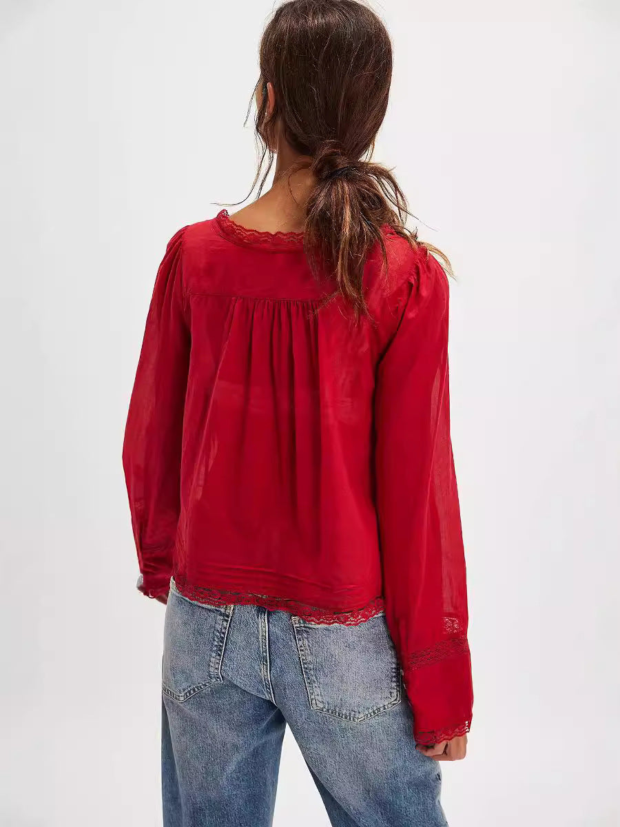 Lace Shirt U-shaped Collar Long Sleeve Blouses
