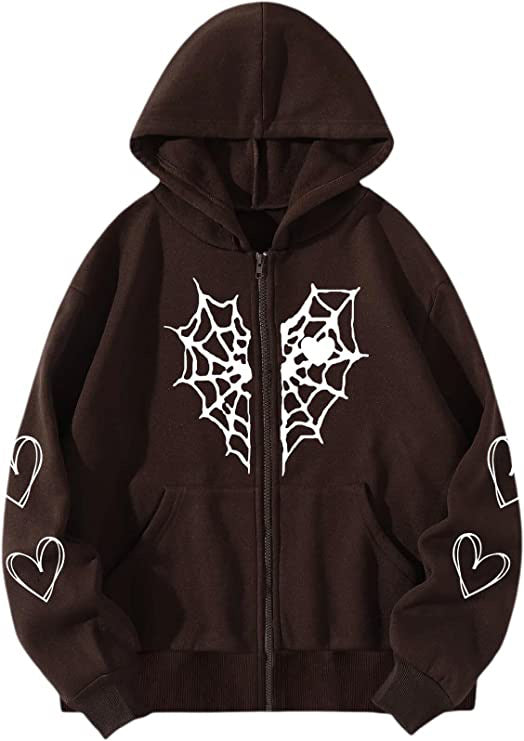 Spider Web Heart Printing Zipper Warm Sweaters