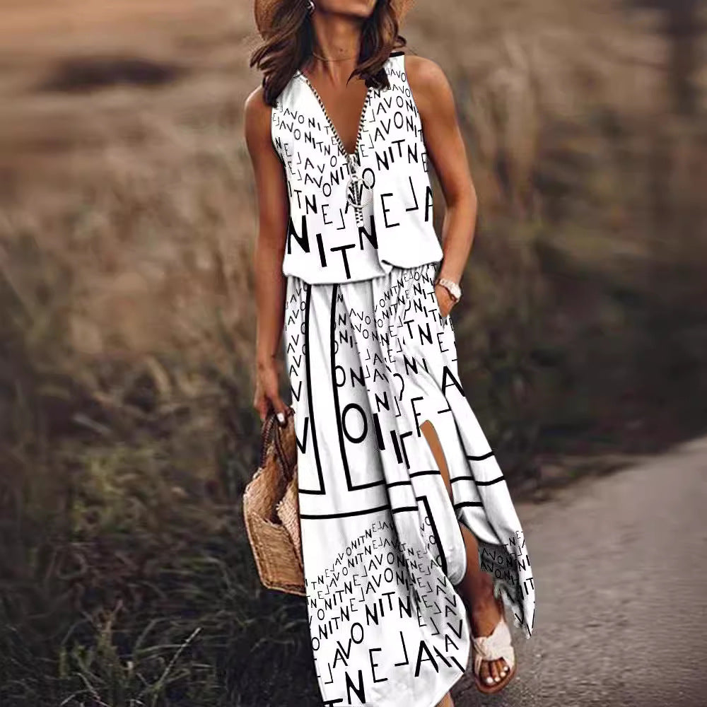 Women's Sleeveless Long Dress Casual Waist Zipper Dresses