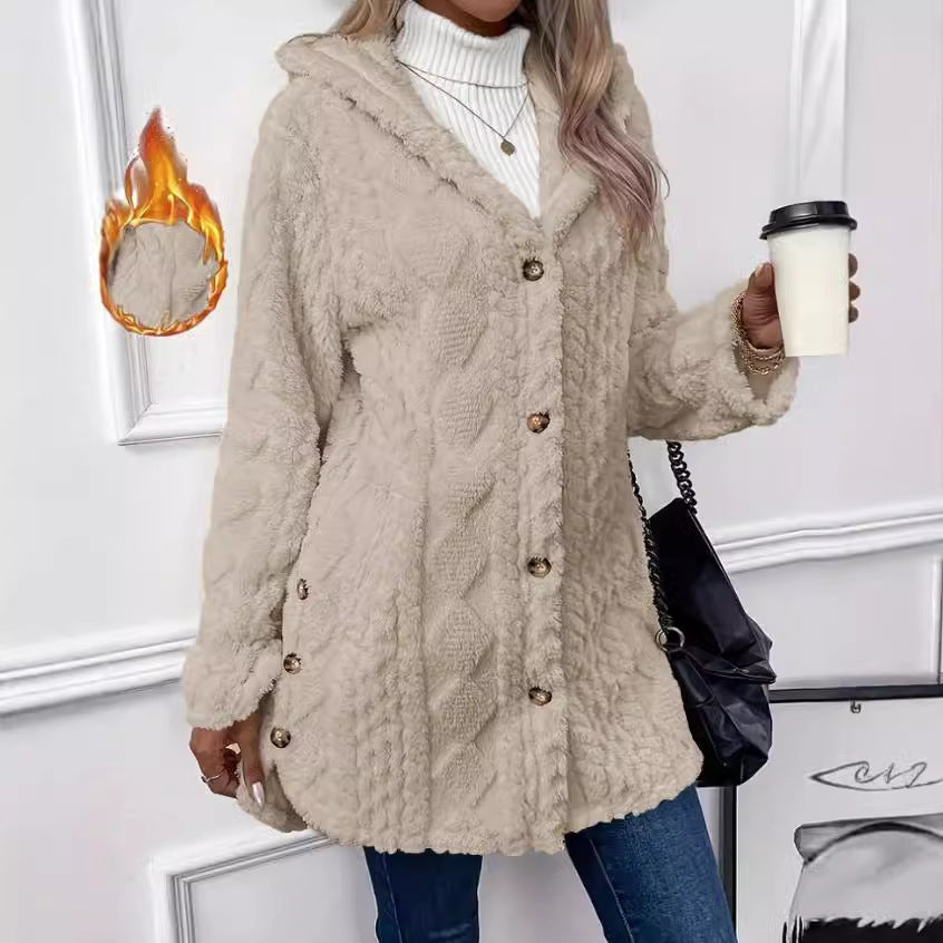 Hooded Solid Color Button Long Sleeve Sweaters