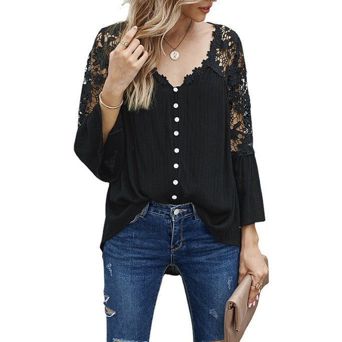 Women's Lace Shirt Solid Color V Sexy Blouses