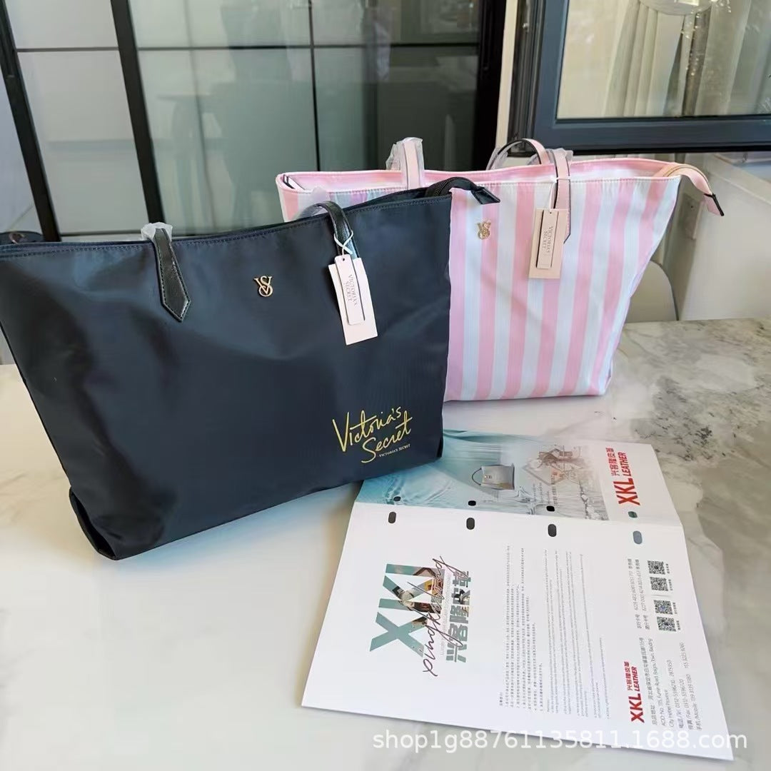 Women's Pink Striped Shopping Portable Leisure Handbags