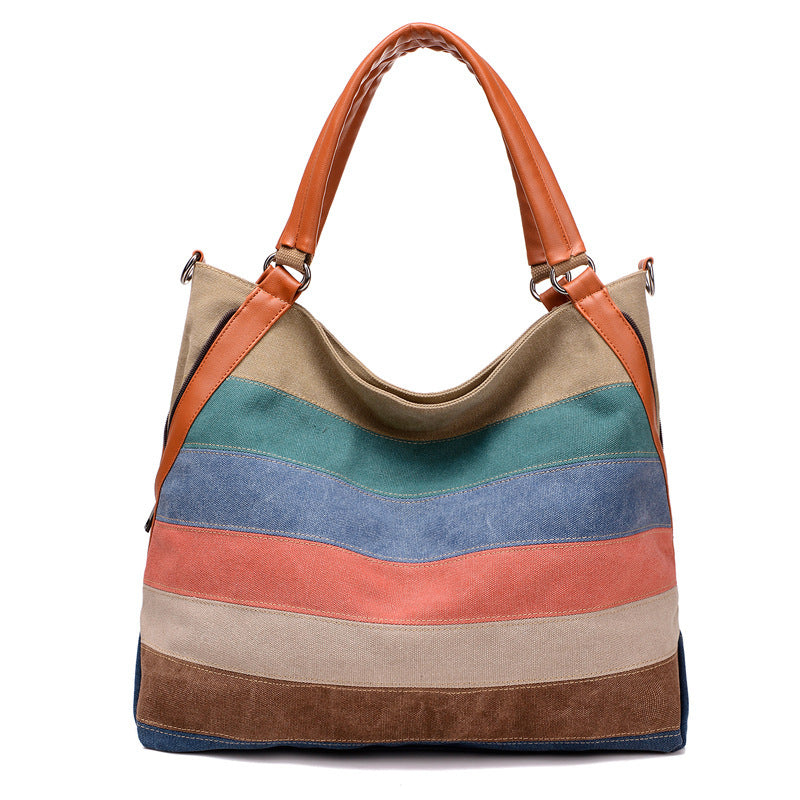 Women's Korean Style Preppy Canvas Contrast Color Striped Handbags