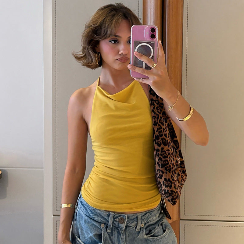 Women's Solid Color Sexy Backless Mesh Halter Blouses