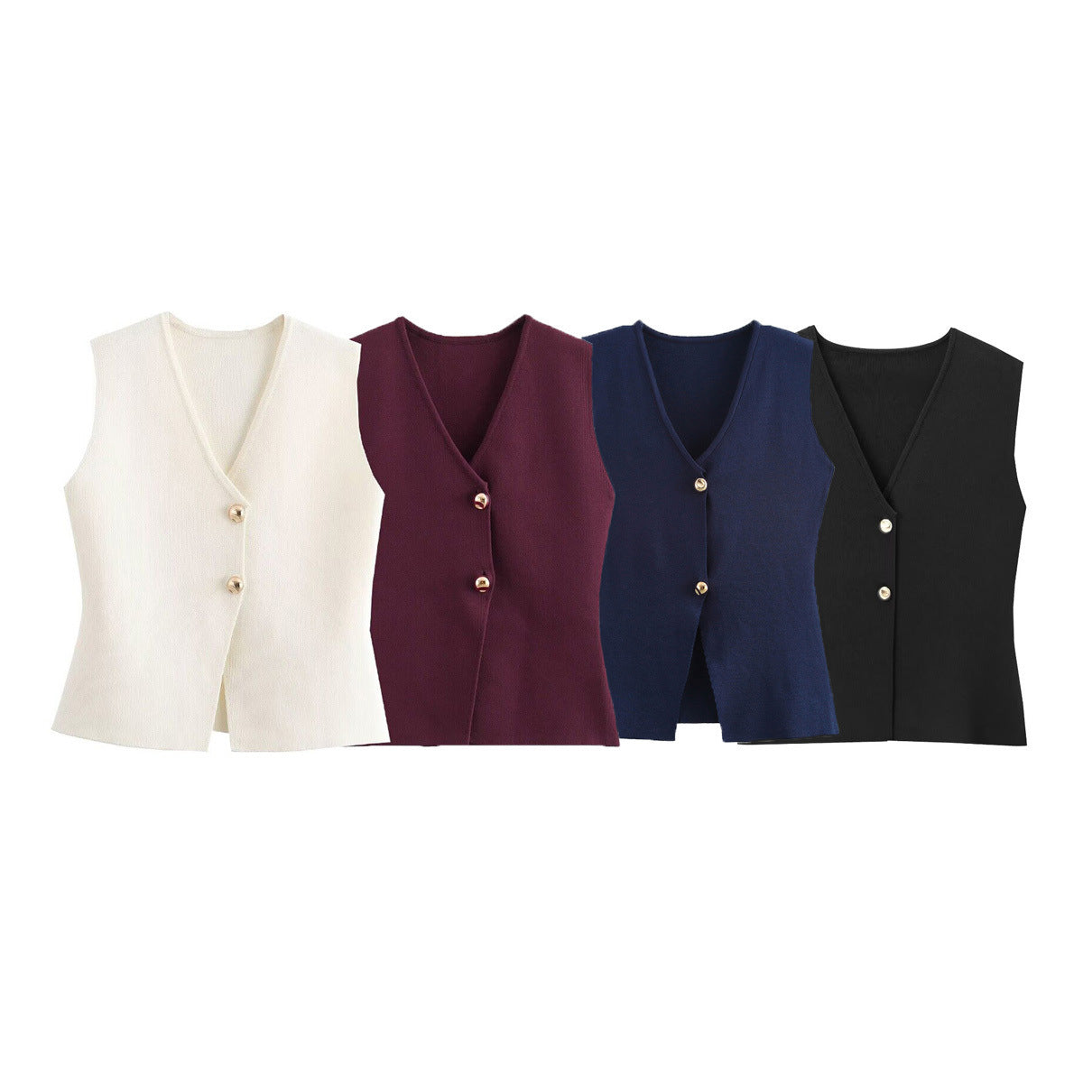 Women's Fashionable Golden Button Decoration Knitted Loose Vests