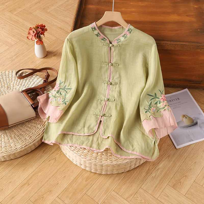 Women's Embroidery Shirt Frog Button Cropped National Blouses